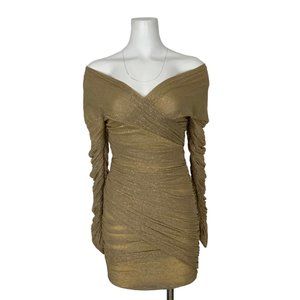 House Of CB Felicity Gold Ruched Mesh Off Shoulder Dress S Mini Bodycon Sexy